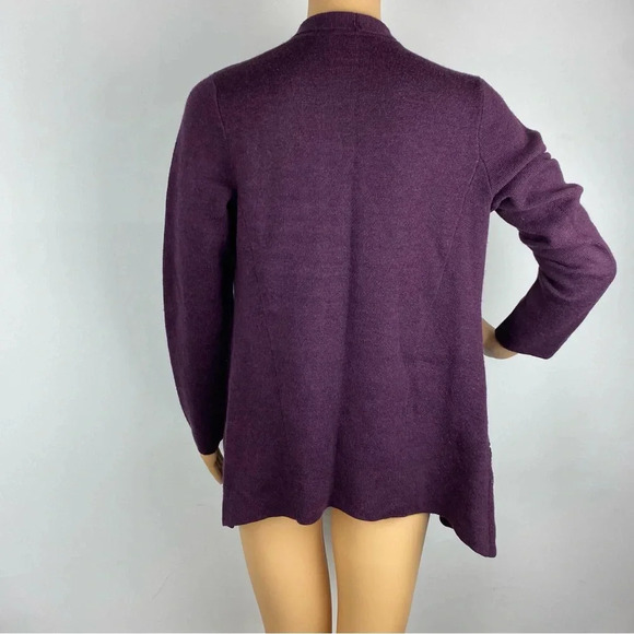 Eileen Fisher XS Open Front Cardigan Purple 100% Merino Wool Leather Trim Pocket - Picture 2 of 7